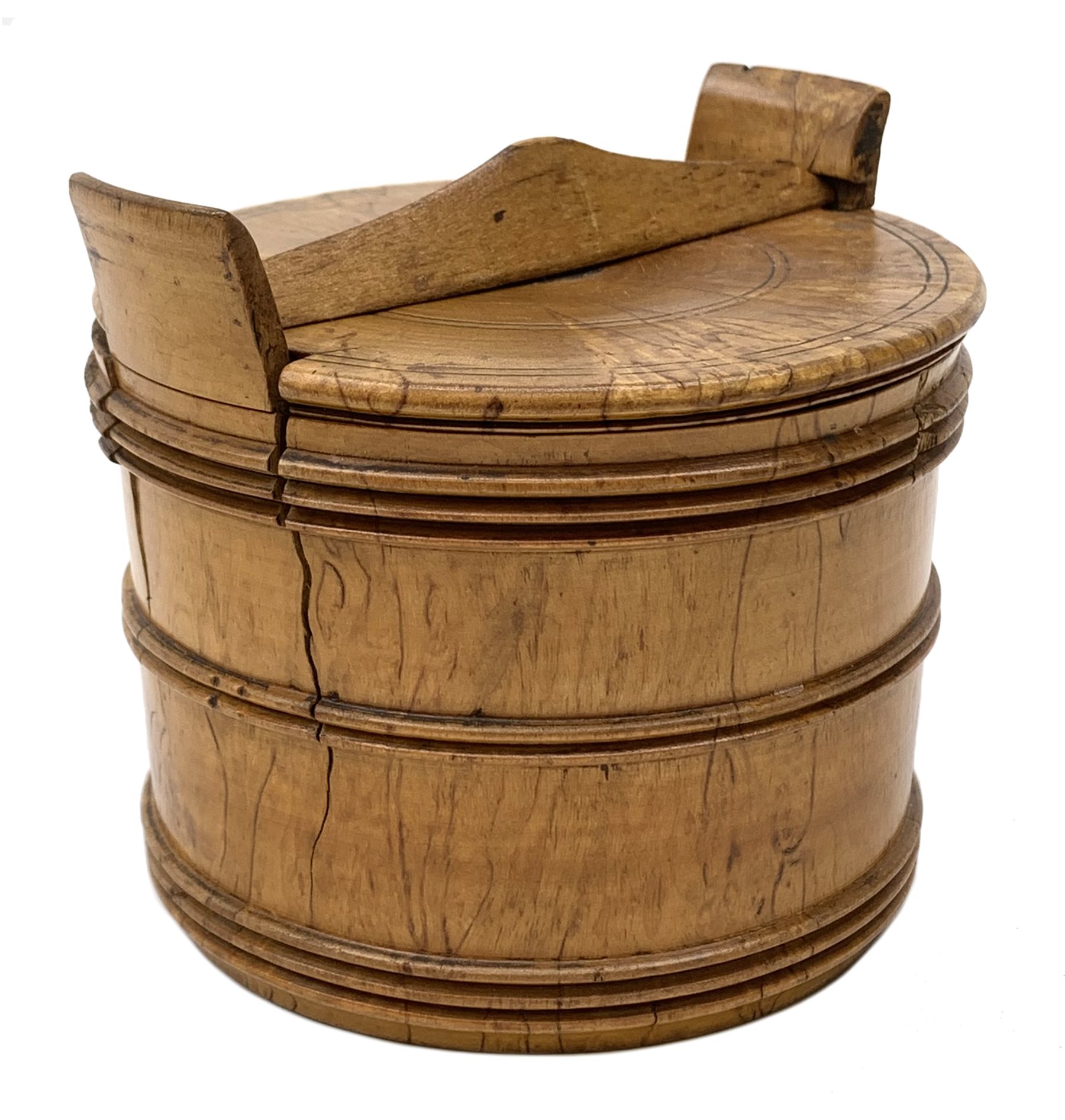 18th/19th century turned treen butter tub, with lockable cover, H10cm, D11.5cm - Image 6 of 14