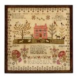 George III sampler, worked with a house, trees and animals to the fore, further detailed with floral