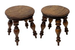 Early 19th century pair of miniature stools, each with mahogany moulded-edged circular top, and rais