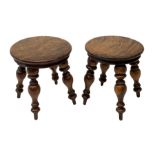 Early 19th century pair of miniature stools, each with mahogany moulded-edged circular top, and rais