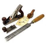 Woodworking tools - Stanley No.98 steel side rabbet plane L11cm; J. Dobie 205 beech compass plane; p