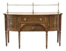 Edwardian mahogany sideboard, figured shaped top with satinwood banding and box wood stringing, rais