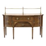 Edwardian mahogany sideboard, figured shaped top with satinwood banding and box wood stringing, rais