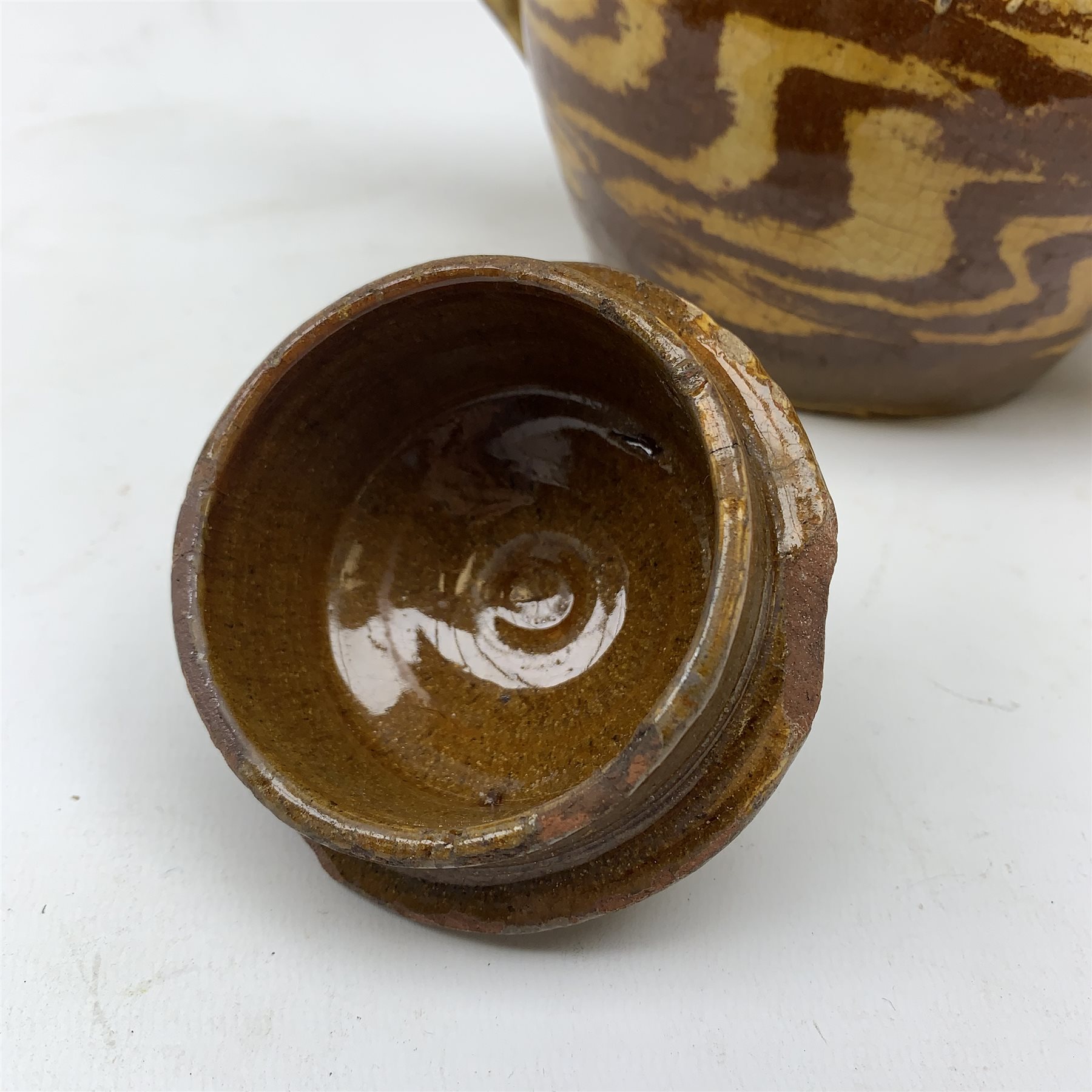 Edwardian slipware double spouted teapot, inscribed to body Mary E. Thompson Oct 29 1903, H19cm - Image 5 of 20