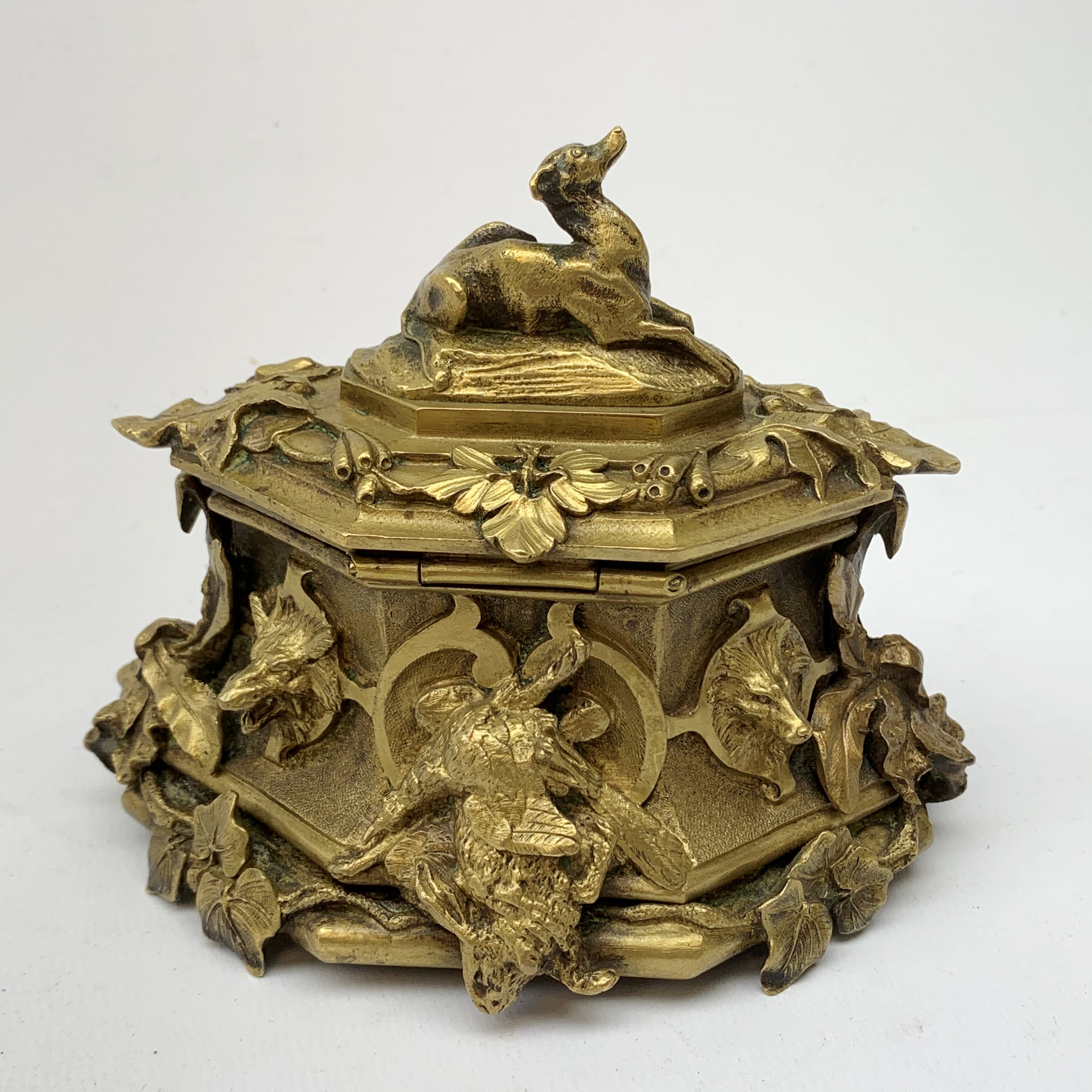 Late 19th century gilt bronze casket, of lozenge form with cast and applied detail in the form of ho - Image 6 of 9