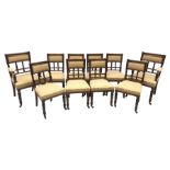 Set ten (8+2) late Victorian walnut dining chairs, moulded frames, upholstered seats and backs, the