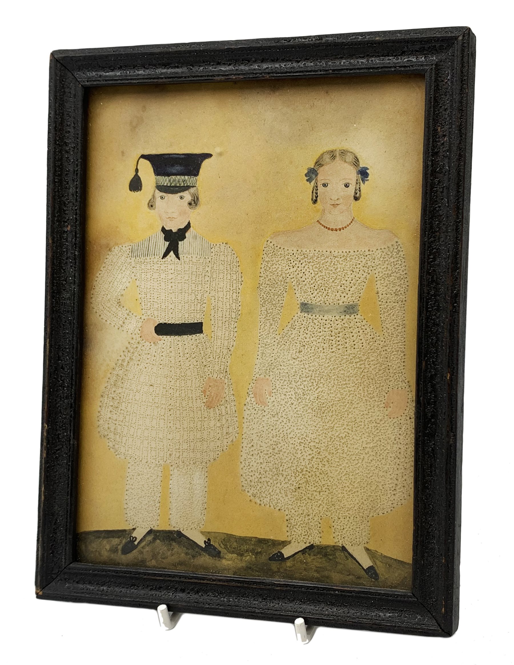 George III pin prick and watercolour portrait of a lady and gentleman, in ebonised frame, 18cm x 13c