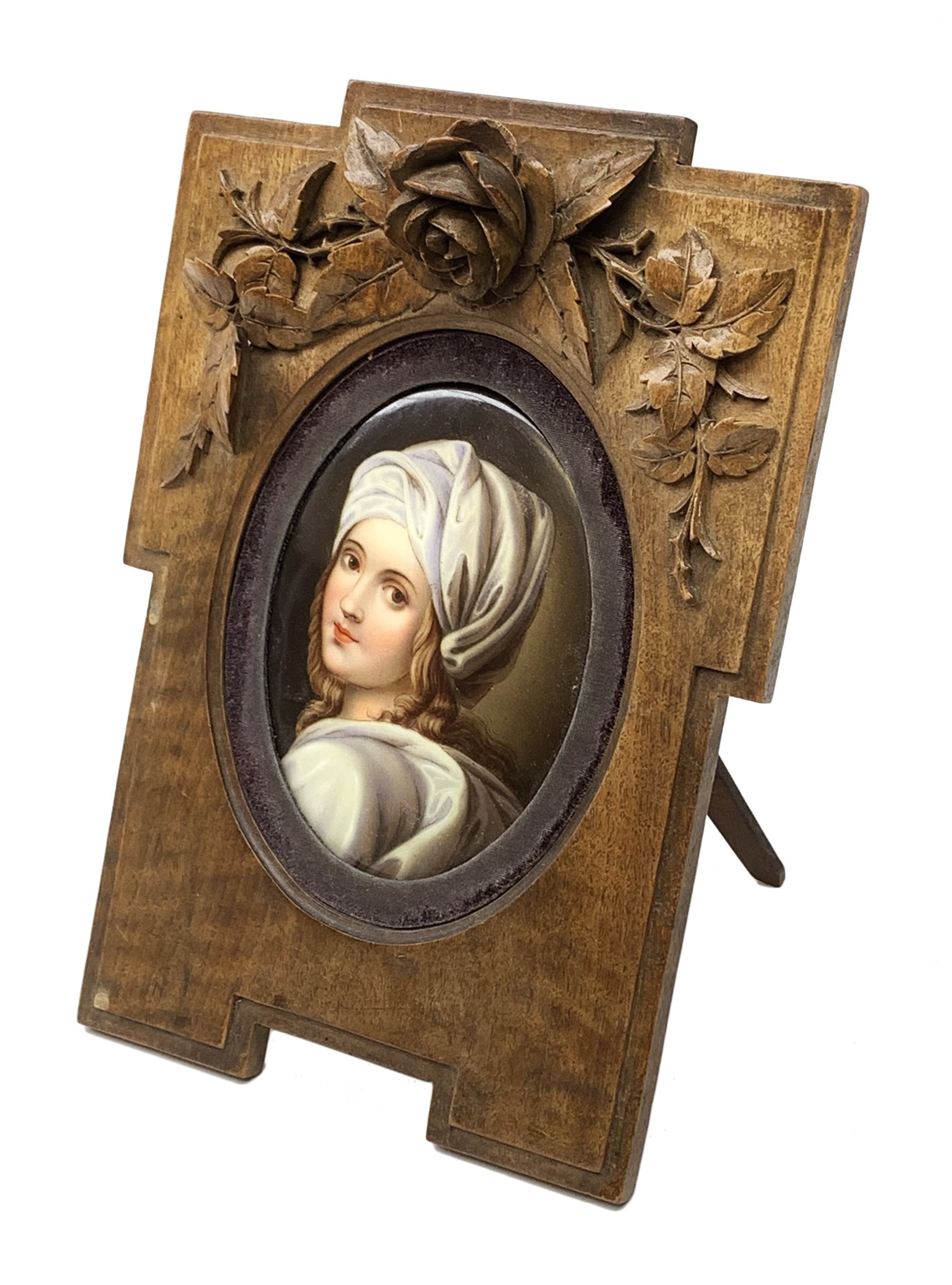 19th century KPM style oval porcelain plaque, painted with a portrait of Beatrice Cenci after Guido