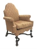 Georgian style walnut framed upholstered armchair, with arched back, outsplayed arms and shaped fri