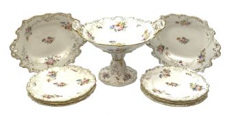 19th century dessert service, comprising large comport, two serving dishes, and six plates, each pai