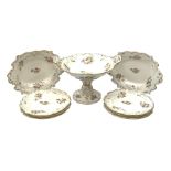 19th century dessert service, comprising large comport, two serving dishes, and six plates, each pai