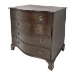 Hepplewhite period serpentine mahogany chest, figured top with banding, four long drawers with origi