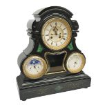 Victorian black slate perpetual calendar clock, the circular enamel Roman dial with twin train movem