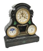 Victorian black slate perpetual calendar clock, the circular enamel Roman dial with twin train movem