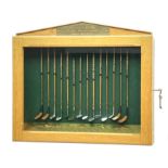 Modern handcrafted miniature set of fourteen 19th century style golf clubs by P.D. Rushworth dated 2