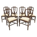 Set six (4+2) Hepplewhite style mahogany dining chairs, cresting rail inlaid with satinwood, shield