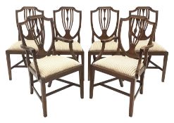 Set six (4+2) Hepplewhite style mahogany dining chairs, cresting rail inlaid with satinwood, shield