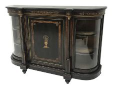 Victorian gilt metal mounted and amboyna banded ebonised credenza, central panel door inlaid with a