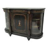Victorian gilt metal mounted and amboyna banded ebonised credenza, central panel door inlaid with a