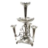 Large James Deakin and Sons silver plated epergne, c.1900, the central trumpet with pierced rim, abo