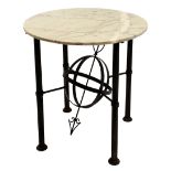 Architectural table, circular marble top on wrought metal base, cluster column supports connected by
