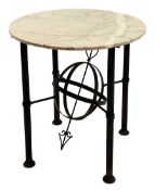 Architectural table, circular marble top on wrought metal base, cluster column supports connected by