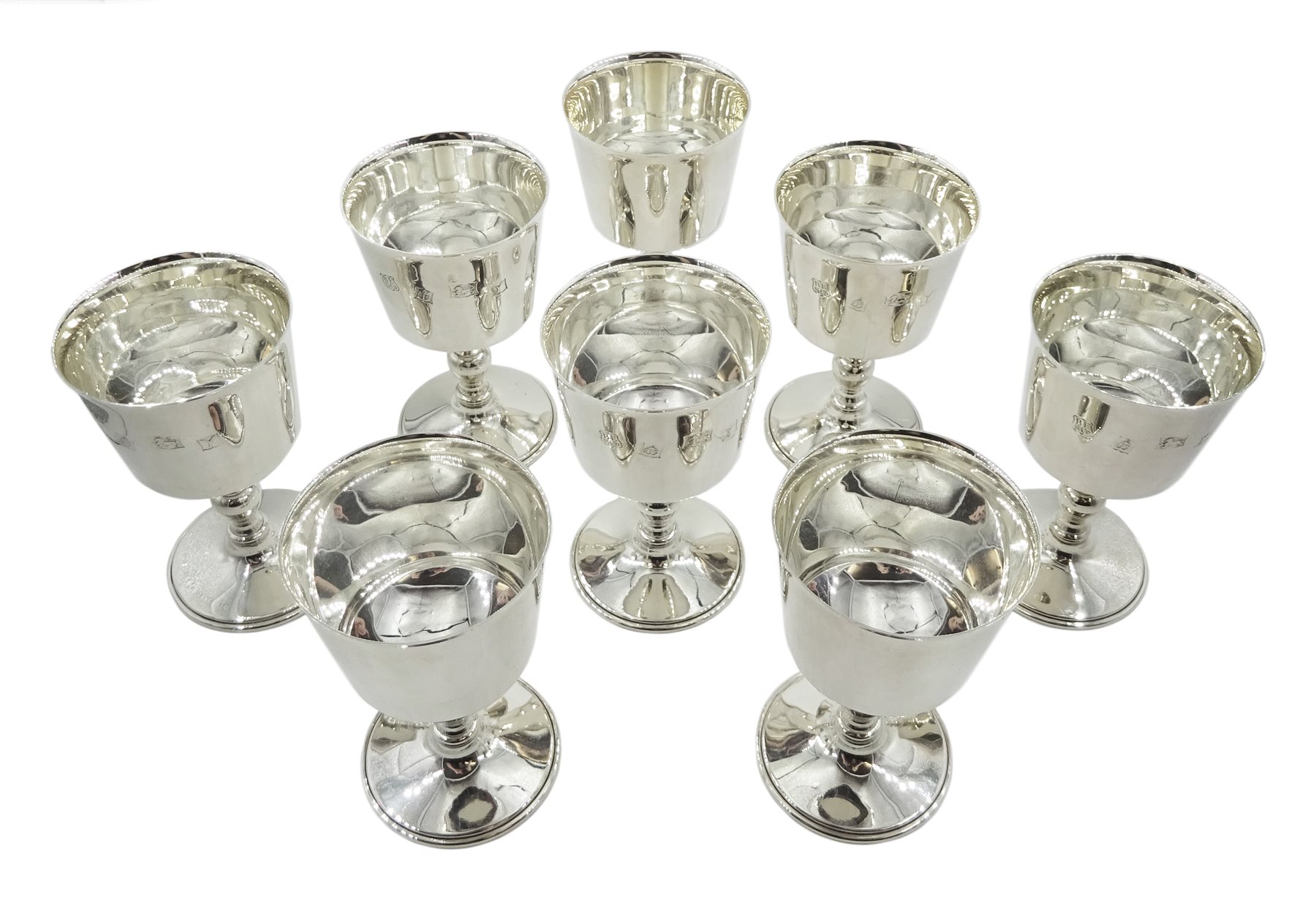 Set of eight silver goblets by Barker Ellis Silver Co, Birmingham 1973, H12cm approx 38oz