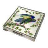 Silver and enamel compact, of square form with engine turned decoration to the sides and back, the h