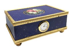 Reuge Music - simulated lapis lazuli automaton box, oval floral plate reveals singing bird, circular