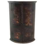 Georgian red lacquered and Chinoiserie decorated bow front corner cupboard, interior fitted with thr