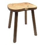 'Mouseman' oak four legged stool with dished seat, by Robert Thompson of Kilburn, 37cm x 30cm, H46cm