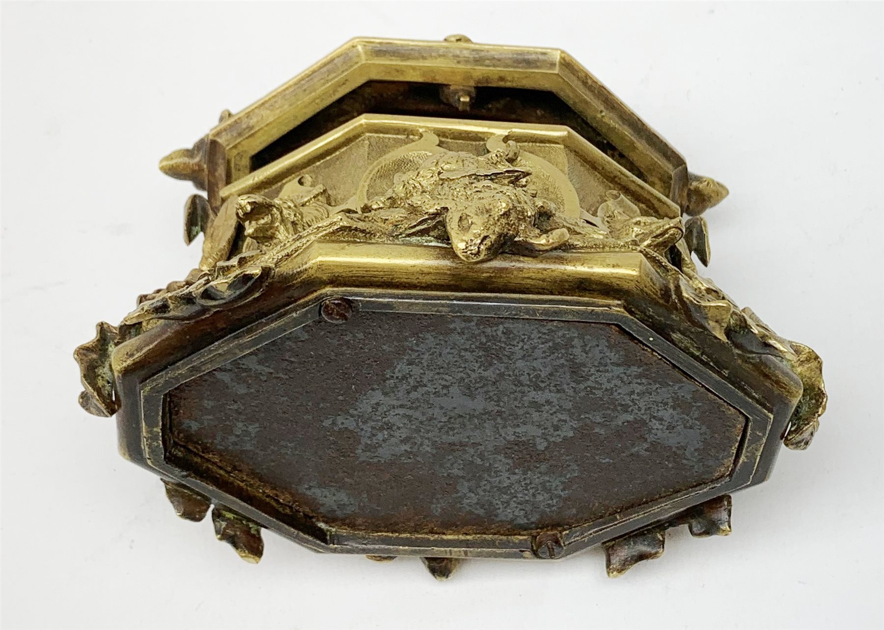 Late 19th century gilt bronze casket, of lozenge form with cast and applied detail in the form of ho - Image 5 of 9