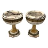 Pair of Neo Classical veined white marble urns, decorated with a metal band of classical drapes, rai