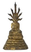 Thai gilt bronze figure of Buddha, enthroned on a seven headed coiled Naga, H30.5cm