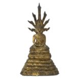 Thai gilt bronze figure of Buddha, enthroned on a seven headed coiled Naga, H30.5cm