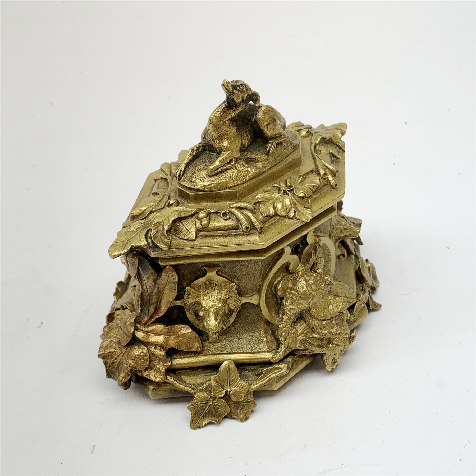 Late 19th century gilt bronze casket, of lozenge form with cast and applied detail in the form of ho - Image 3 of 9