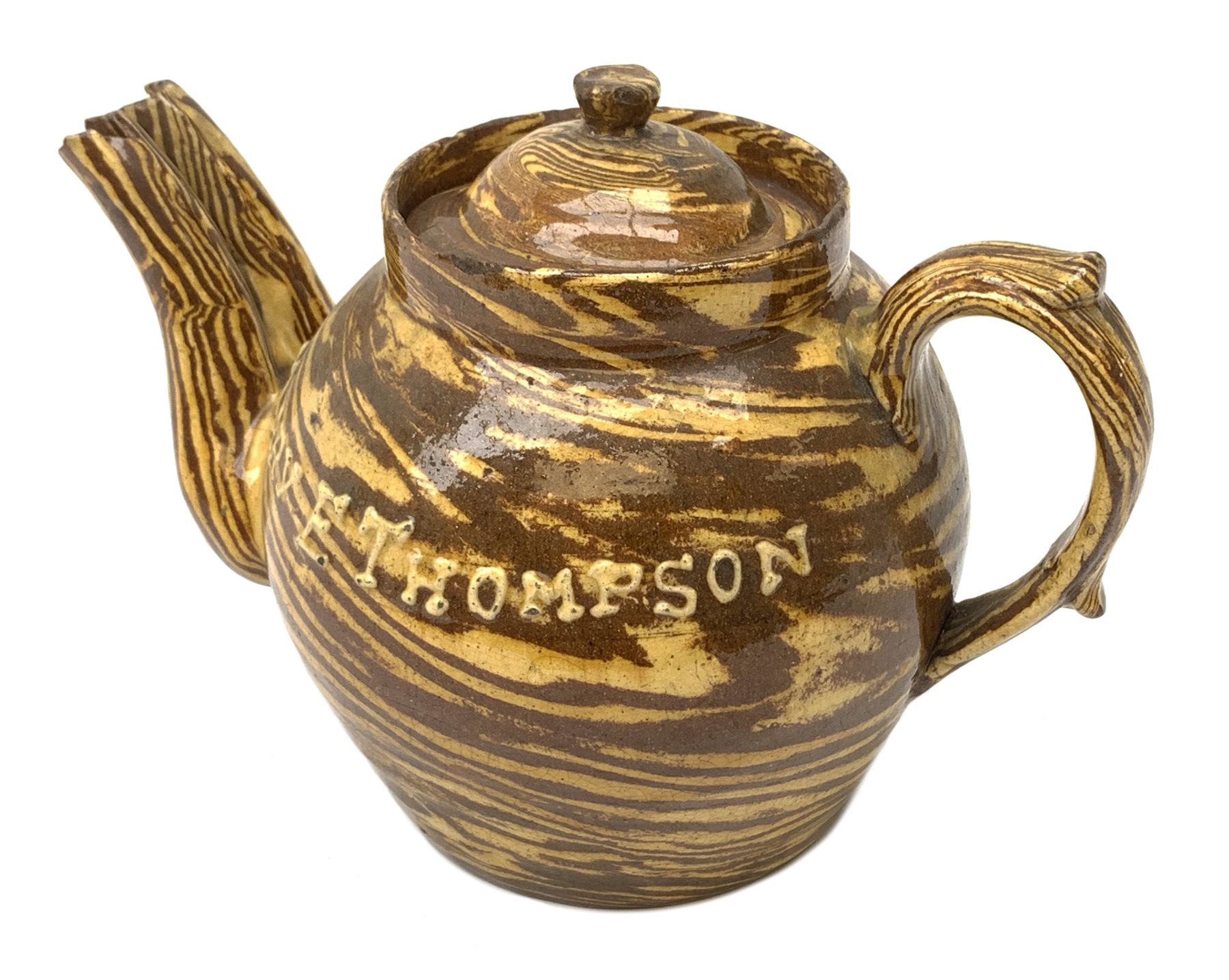 Edwardian slipware double spouted teapot, inscribed to body Mary E. Thompson Oct 29 1903, H19cm
