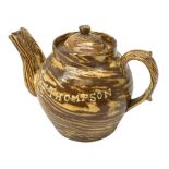 Edwardian slipware double spouted teapot, inscribed to body Mary E. Thompson Oct 29 1903, H19cm