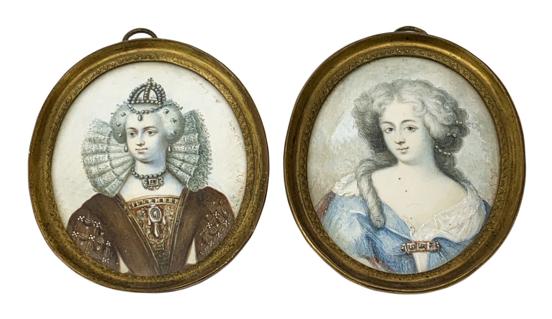 Pair of 19th century oval painted portrait miniatures upon ivory, the first example depicting Queen