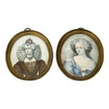 Pair of 19th century oval painted portrait miniatures upon ivory, the first example depicting Queen