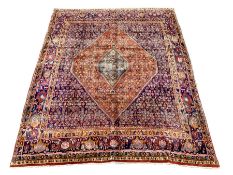 Fine Persian Bijar rug carpet, red ground lozenge with inner central lozenge on dark blue field, pro