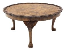 Early 20th century walnut coffee table, quarter veneered top with moulded pie crust edge carved with