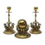 19th century gilded desk set, comprising pair of candlesticks and globular inkwell, each detailed wi