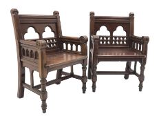 Pair late Victorian oak ecclesiastical armchairs, Gothic style trifoil and pierced back, the arm te