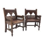 Pair late Victorian oak ecclesiastical armchairs, Gothic style trifoil and pierced back, the arm te