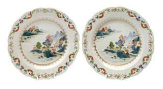 Pair of Chinese Export Famille Rose plates, Qianlong period, enamelled in polychrome with flowers, r