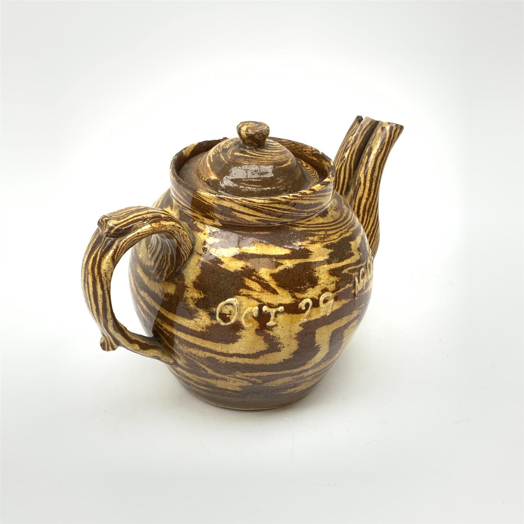 Edwardian slipware double spouted teapot, inscribed to body Mary E. Thompson Oct 29 1903, H19cm - Image 14 of 20