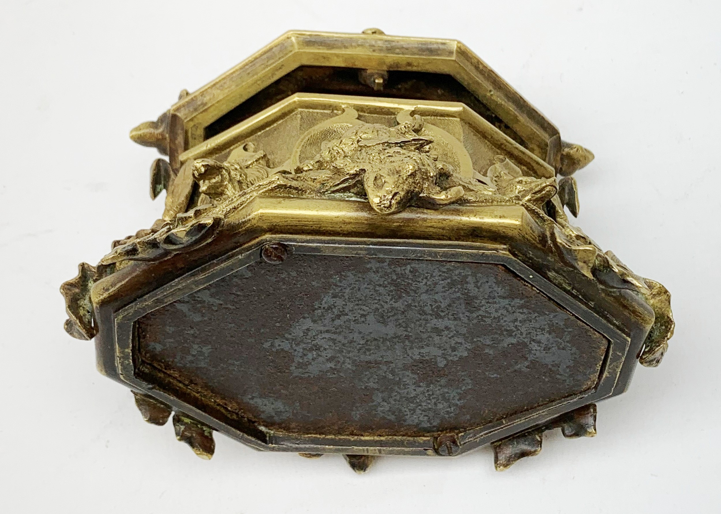 Late 19th century gilt bronze casket, of lozenge form with cast and applied detail in the form of ho - Image 9 of 9