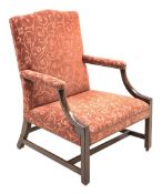 Georgian mahogany Gainsborough open armchair, serpentine cresting rail, upholstered in pale red fabr