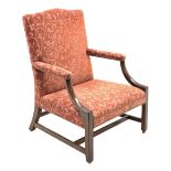 Georgian mahogany Gainsborough open armchair, serpentine cresting rail, upholstered in pale red fabr